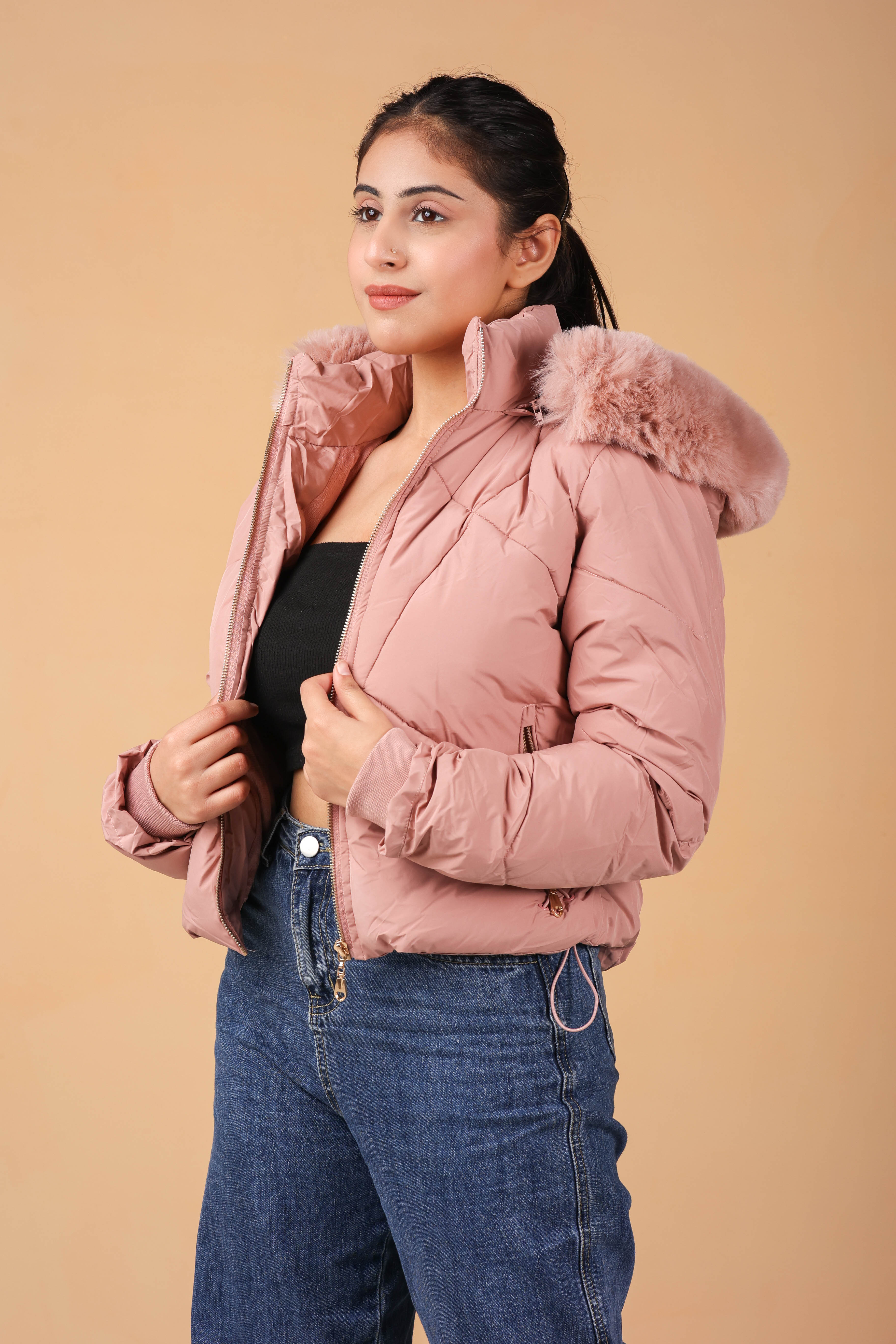 fluffy jacket with fur on hood and velvet fur inside