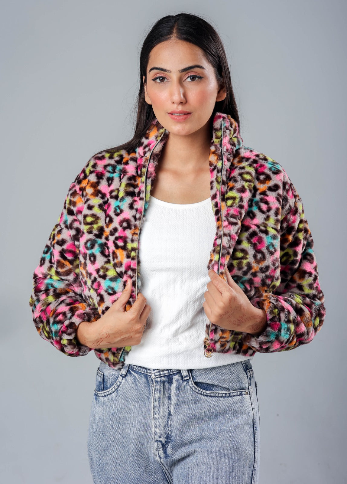 Multicolor leopard print fur jacket