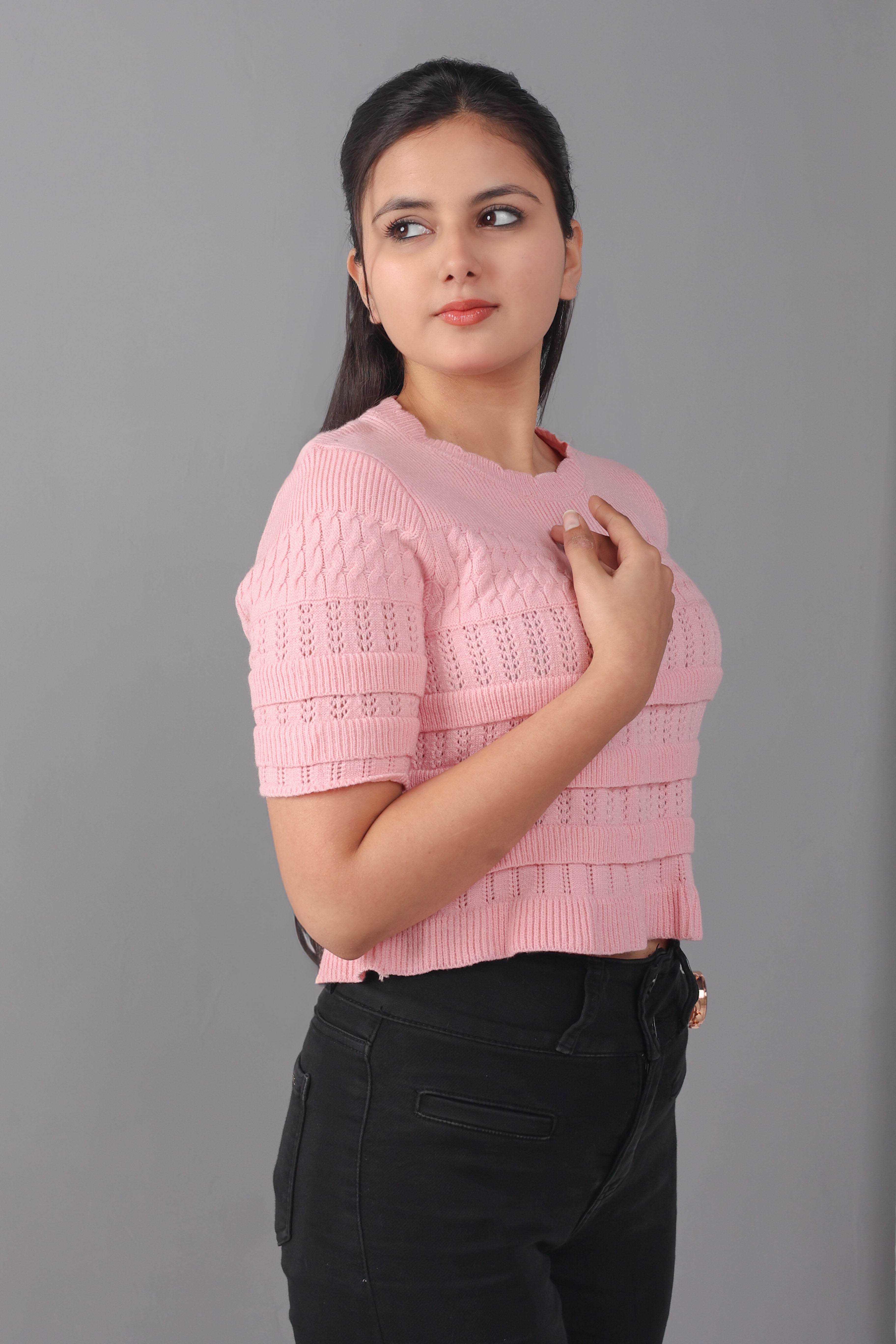 Frilled cotton knit top