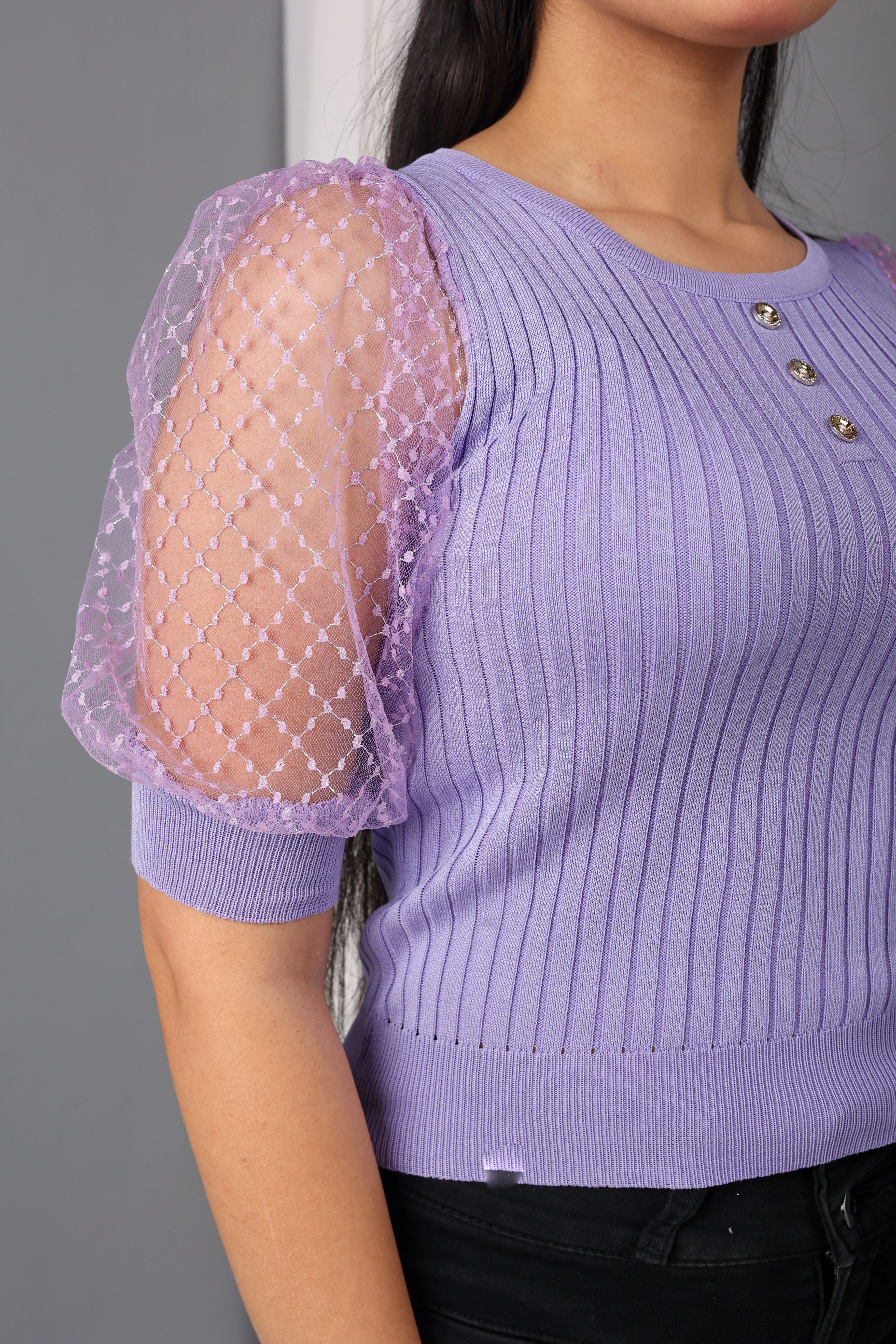 Cotton knit net sleeve top