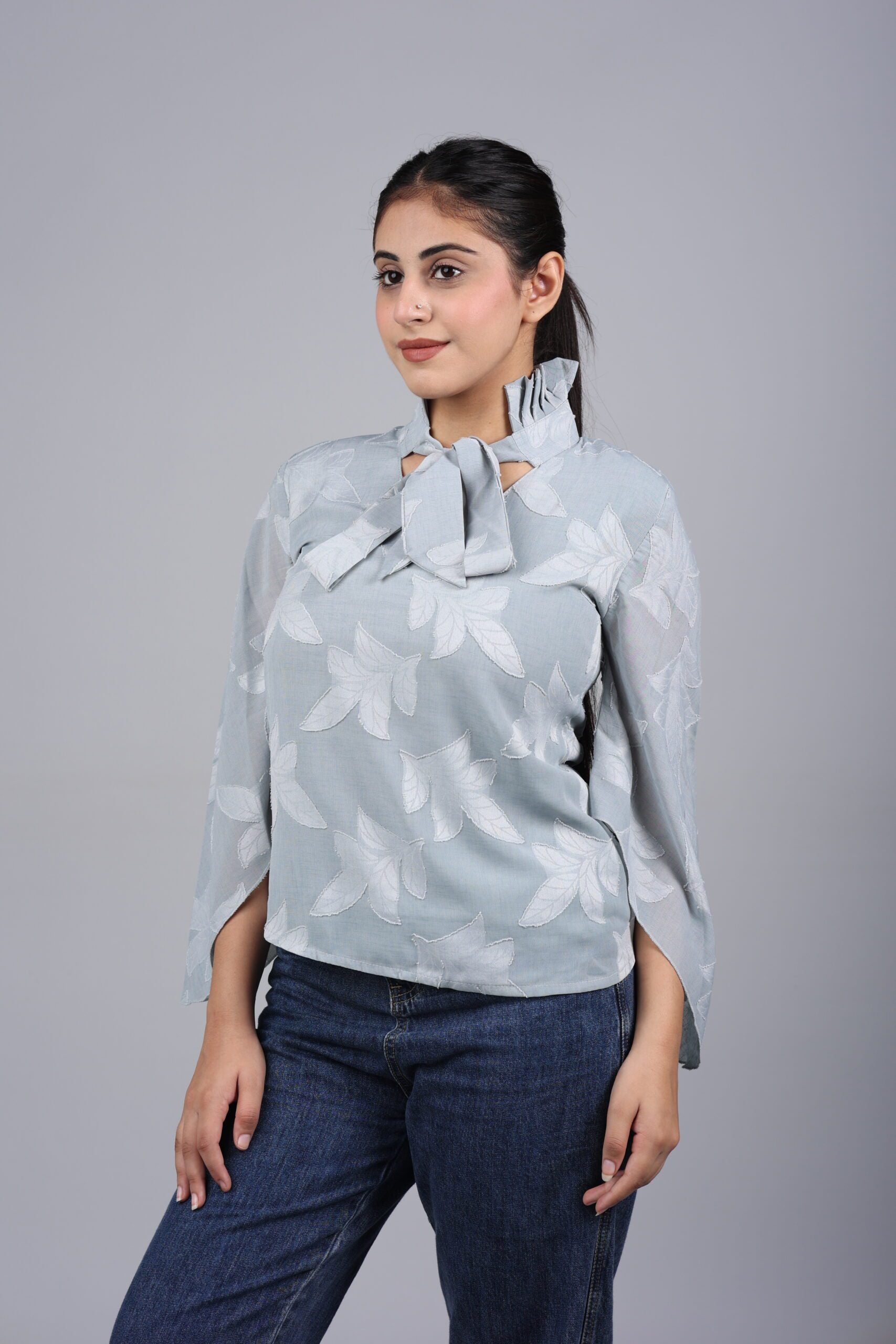 Engraved Leaf Front Knot Top (Grey) A Stylish Blend of Comfort and Nature-Inspired Elegance!