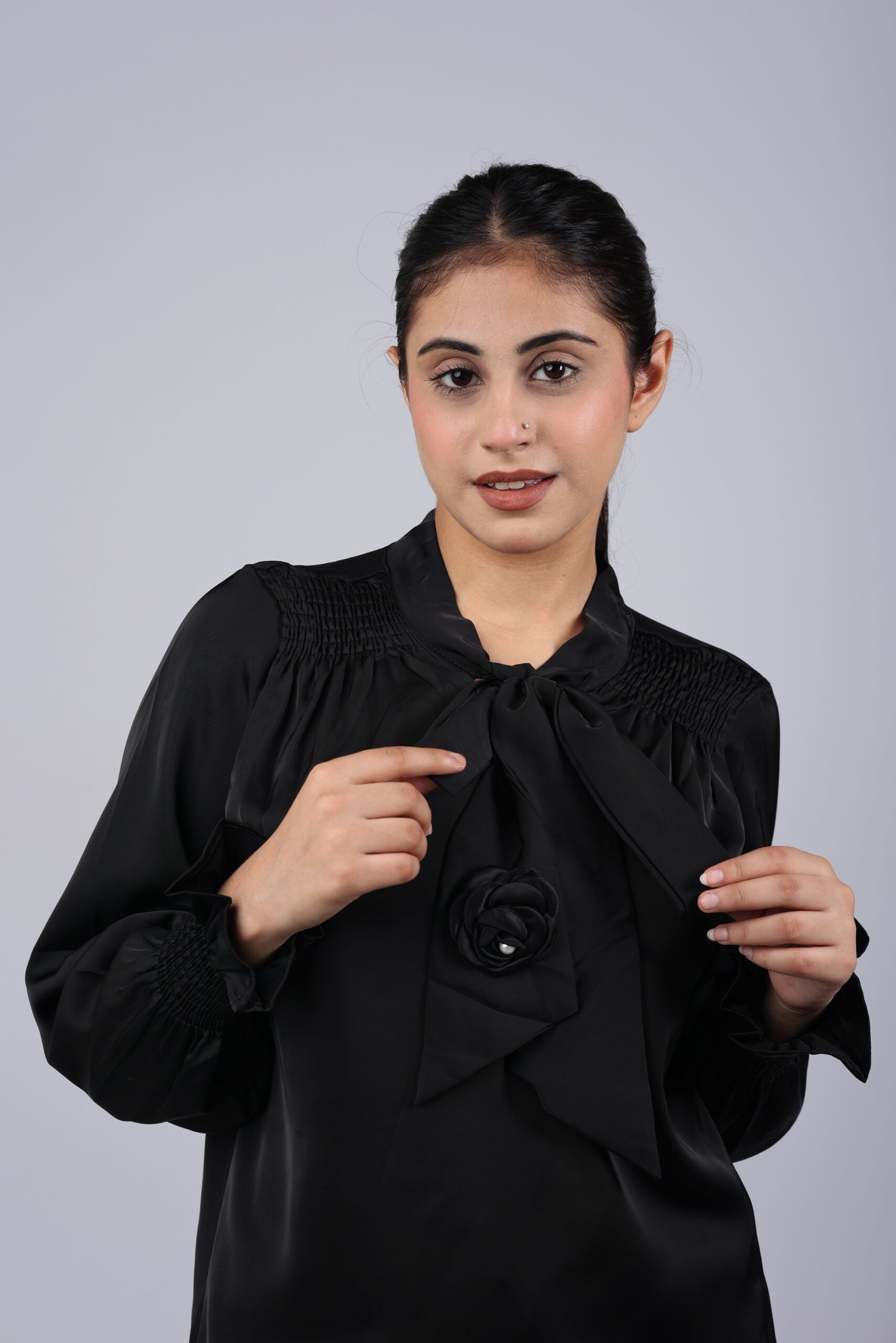 Front Rose Formal/Casual Top (Black) A Perfect Blend of Elegance and Versatility!