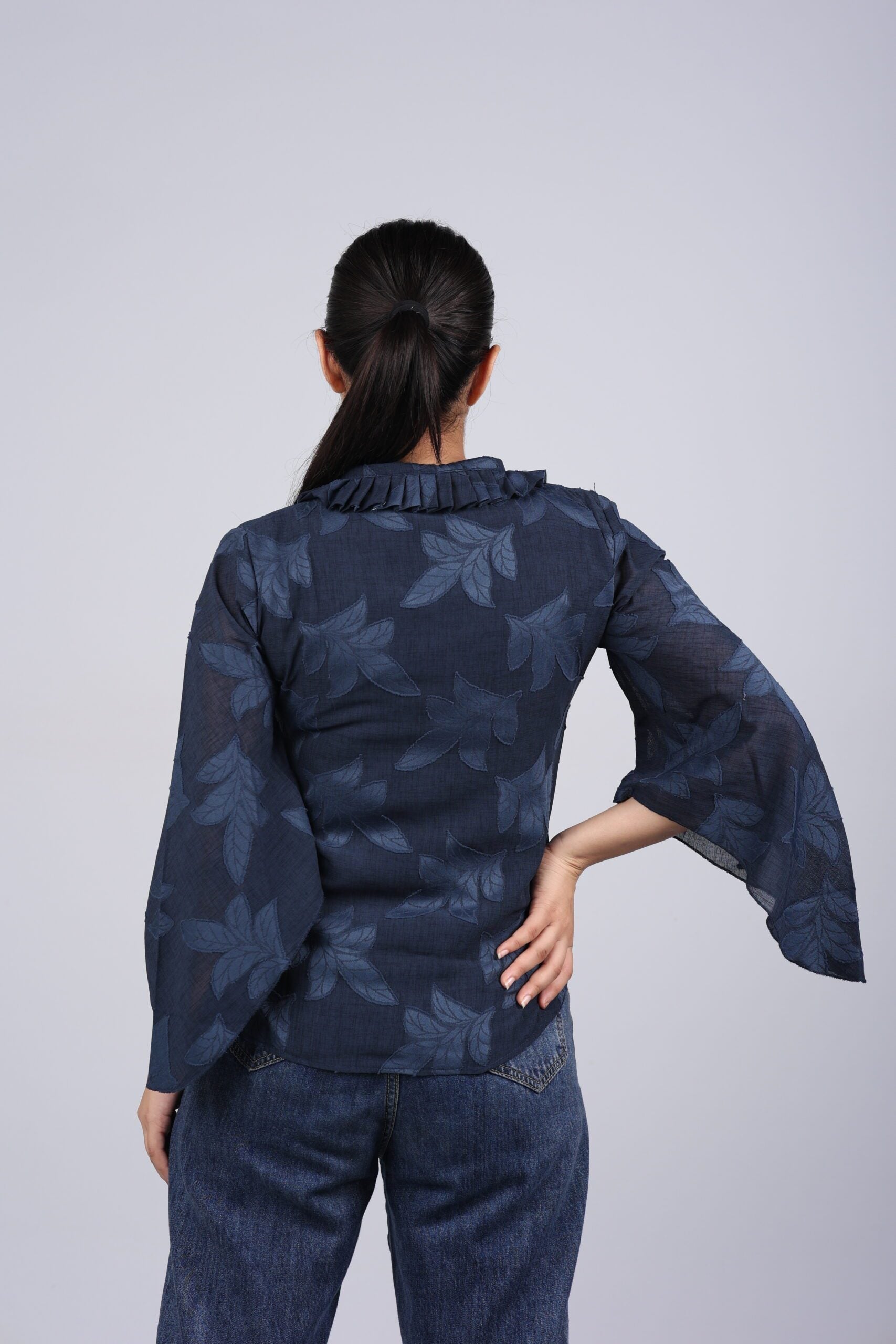 Engraved Leaf Front Knot Top (Navy Blue) A Stylish Harmony of Comfort and Nature-Inspired Elegance!