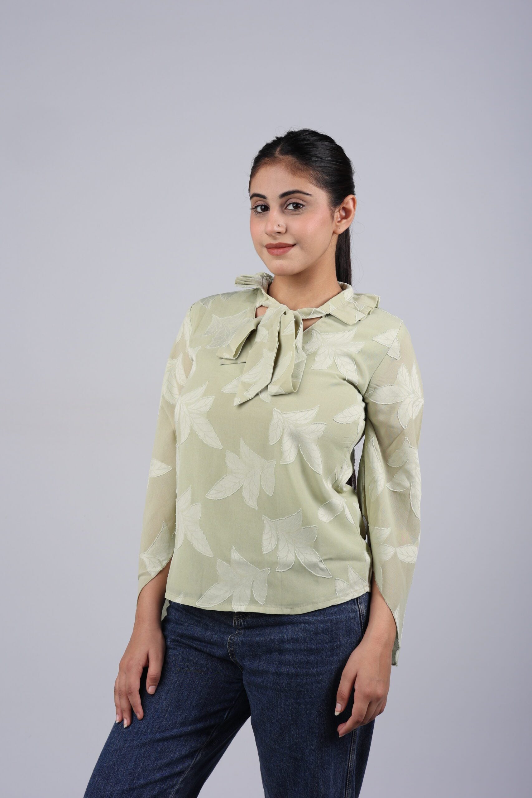 Engraved Leaf Front Knot Top (Lime Green) A Vibrant Fusion of Comfort and Nature-Inspired Elegance!