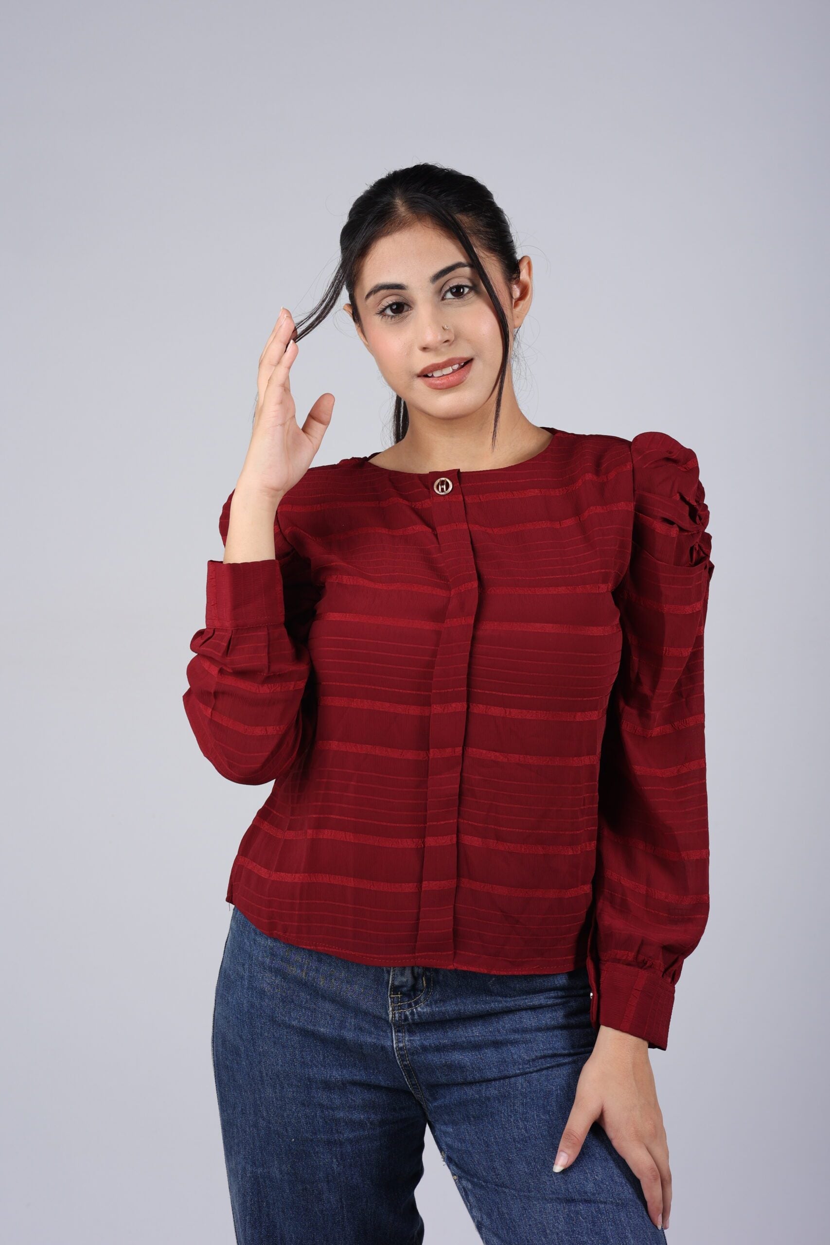 Puff Sleeve Chiffon Top (Red) A Stunning and Elegant Addition to Your Wardrobe!