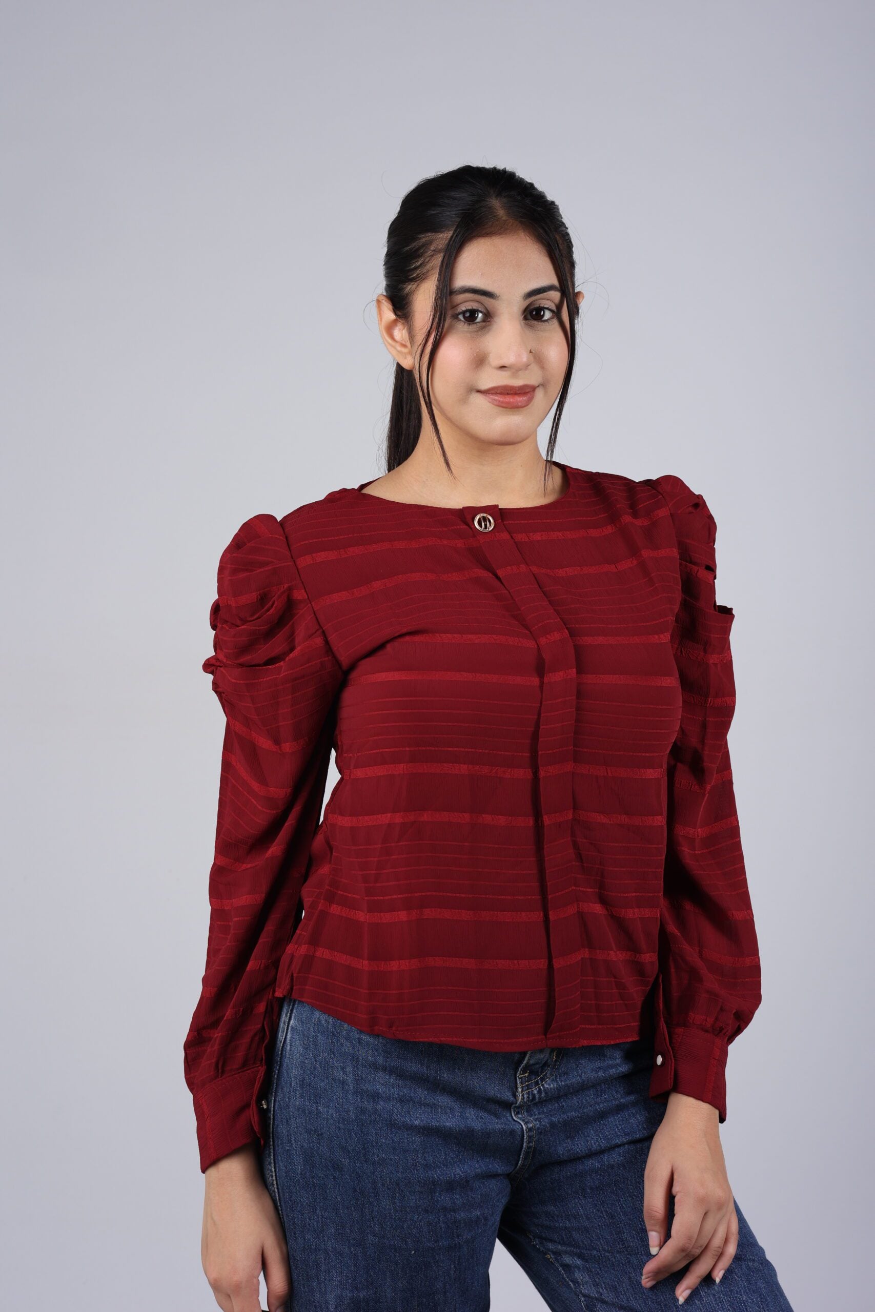 Puff Sleeve Chiffon Top (Red) A Stunning and Elegant Addition to Your Wardrobe!
