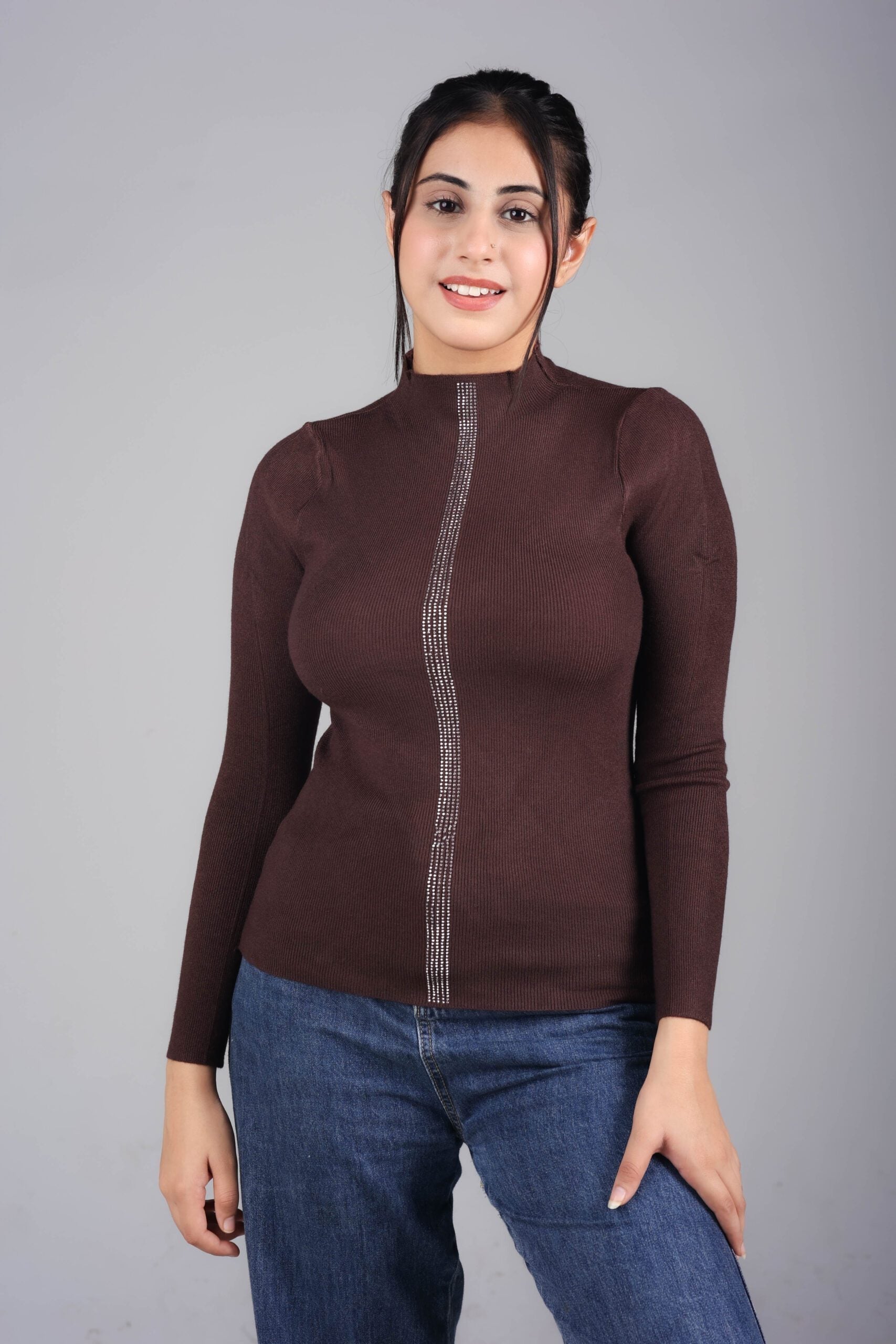 Front Sequence Stripe Knit Top (Coffee) Elevate Your Casual Style
