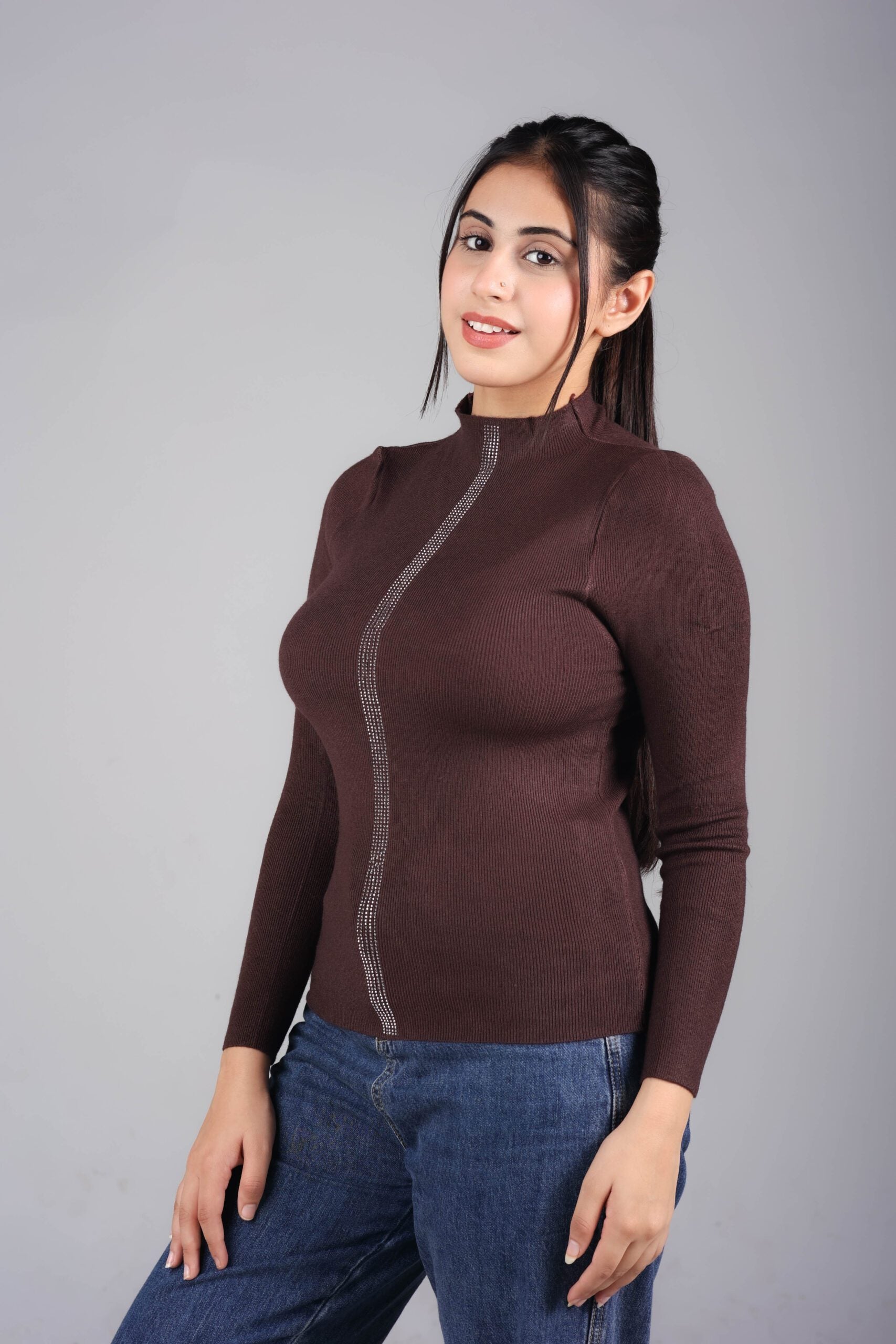 Front Sequence Stripe Knit Top (Coffee) Elevate Your Casual Style