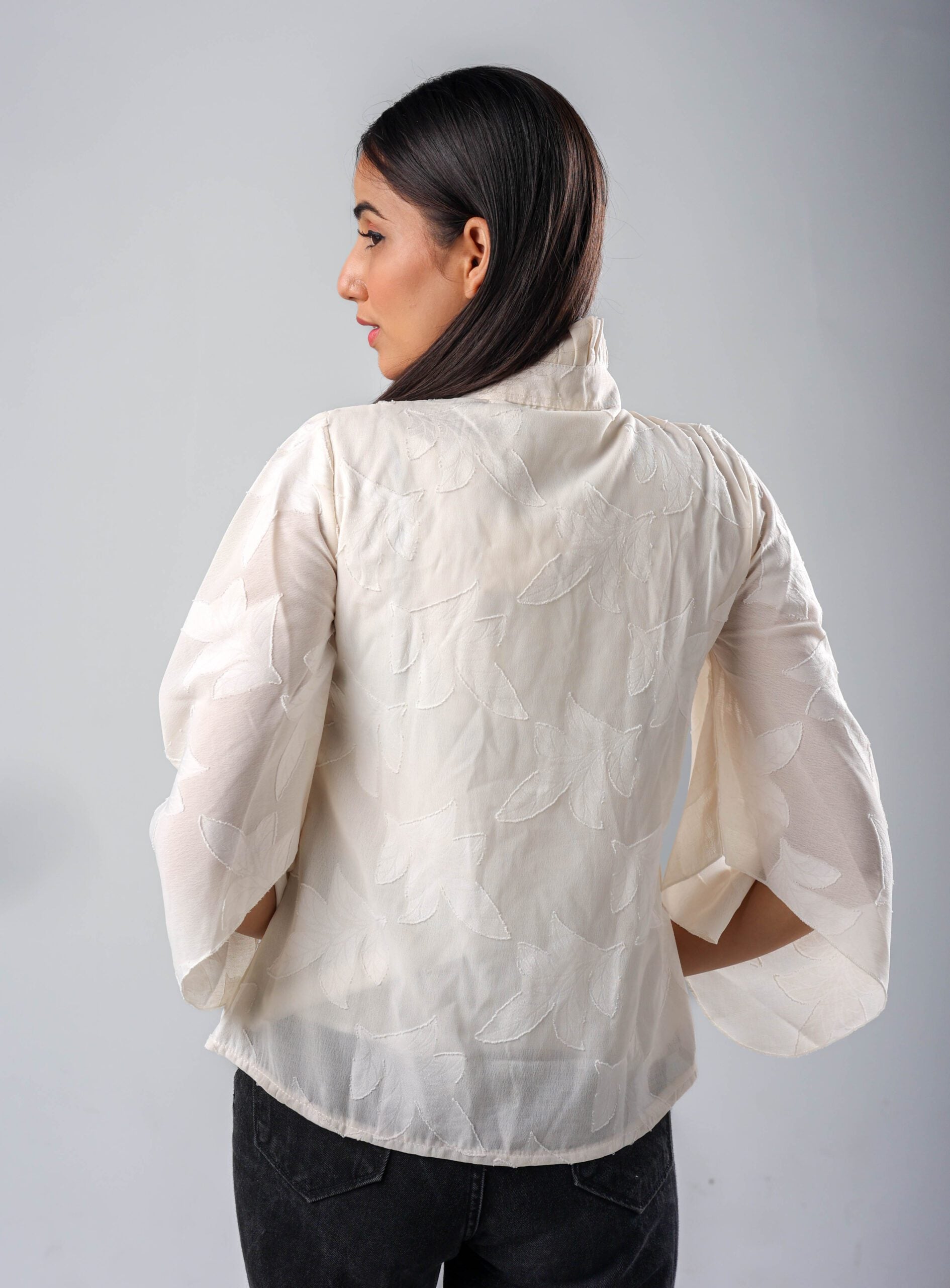 Engraved Leaf Front Knot Top (Off White) Elevate Your Wardrobe