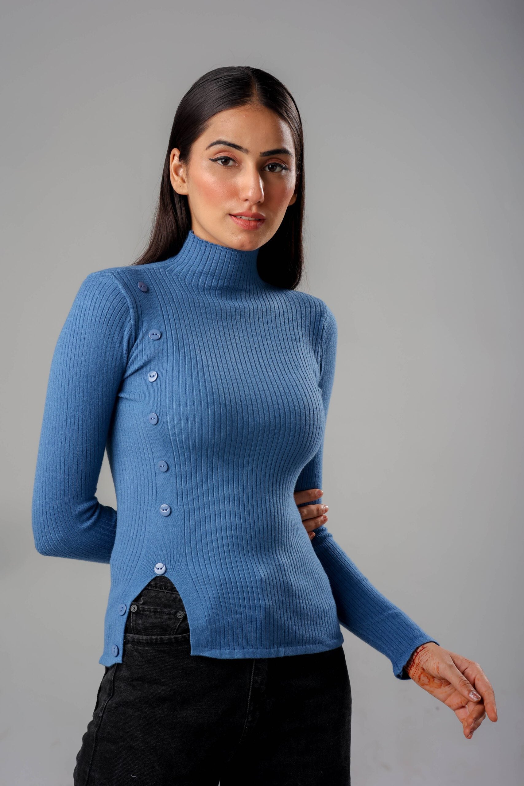 Side Buttoned Knit Top (Blue) A Versatile Addition to Your Wardrobe