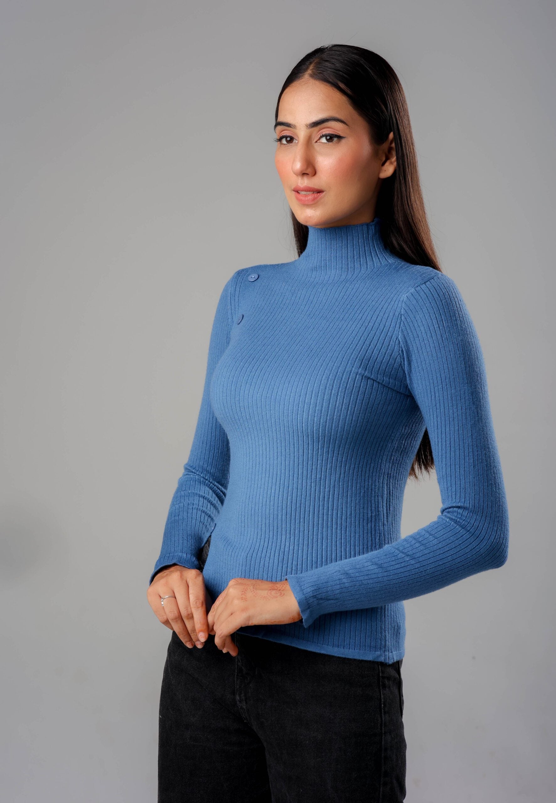 Side Buttoned Knit Top (Blue) A Versatile Addition to Your Wardrobe