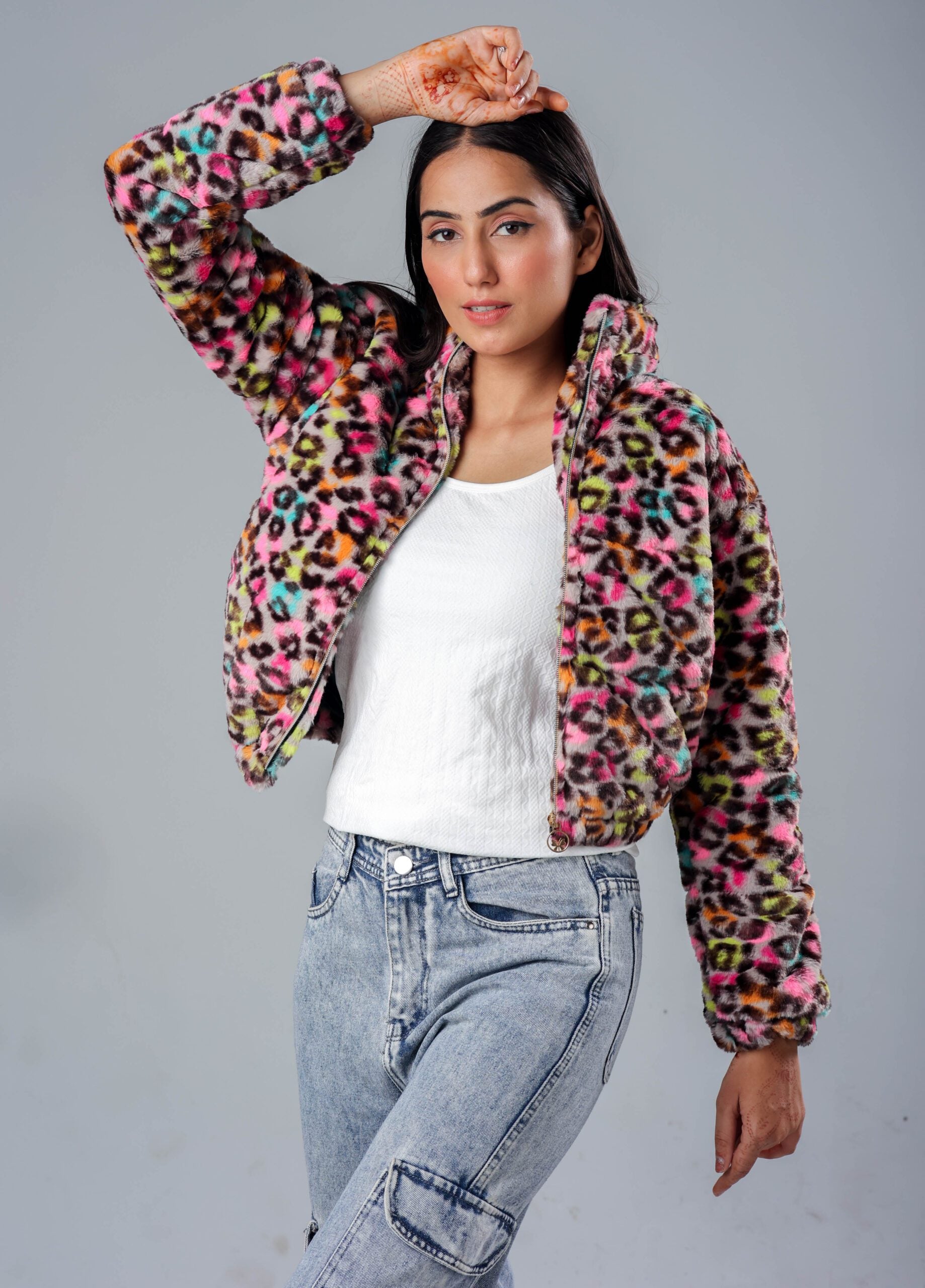 Multicolor Leopard Print Fur Jacket