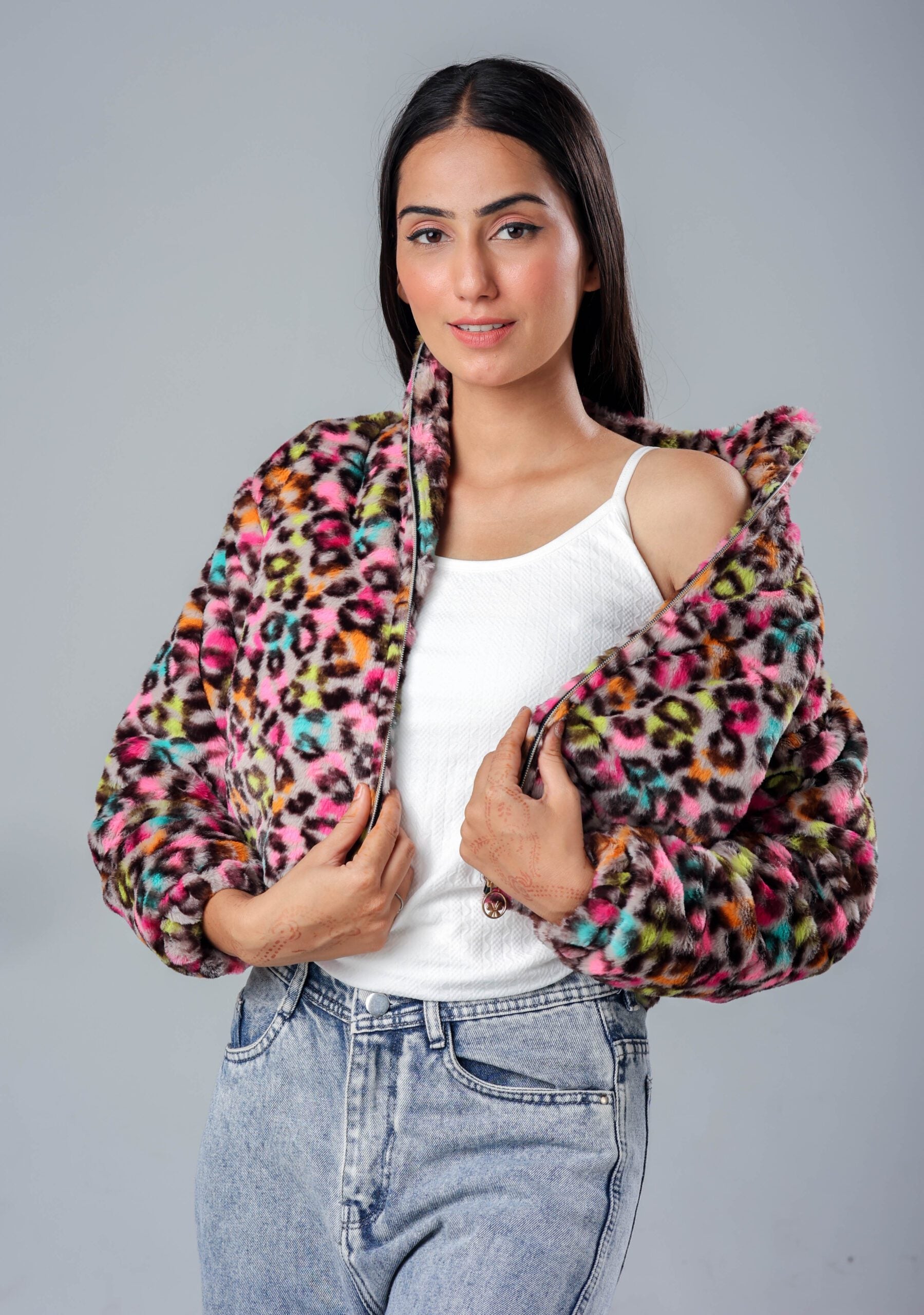 Multicolor Leopard Print Fur Jacket