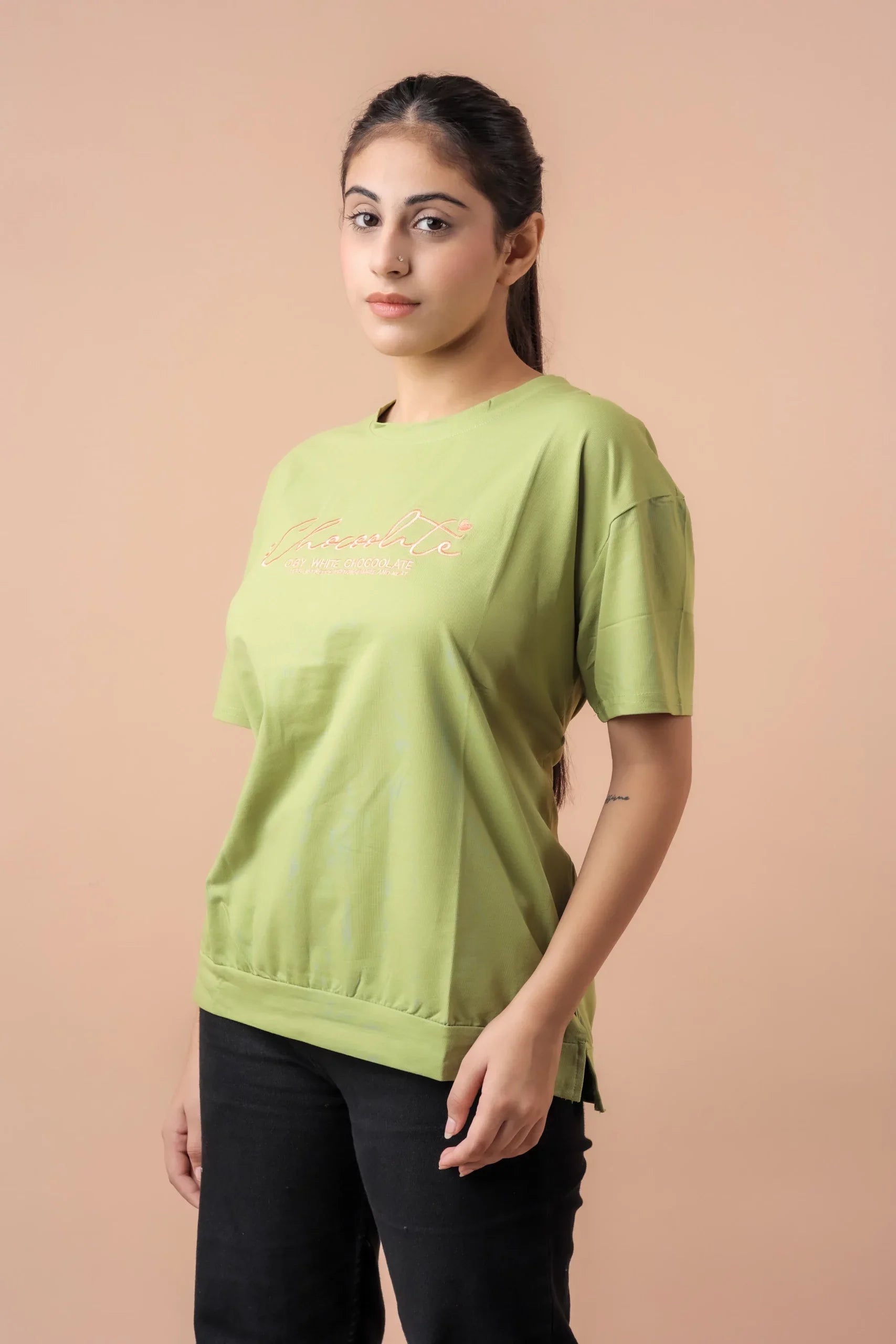 Chocolate Embroided Loose fit Tshirt (Lime Green) A Refreshing Blend of Elegance and Comfort!