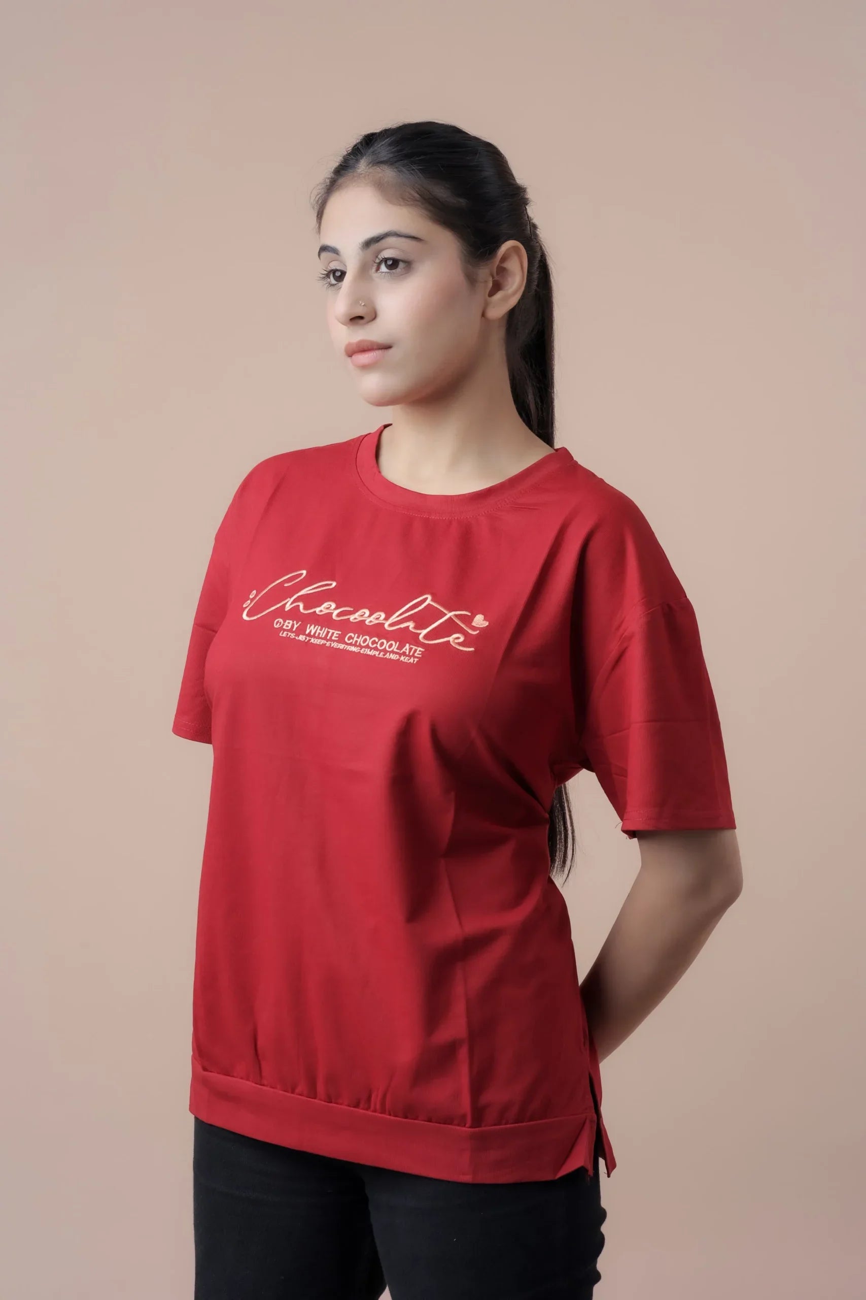 Chocolate Embroided Loose fit Tshirt (Cherry Shade)  Fusion of Elegance and Comfort!