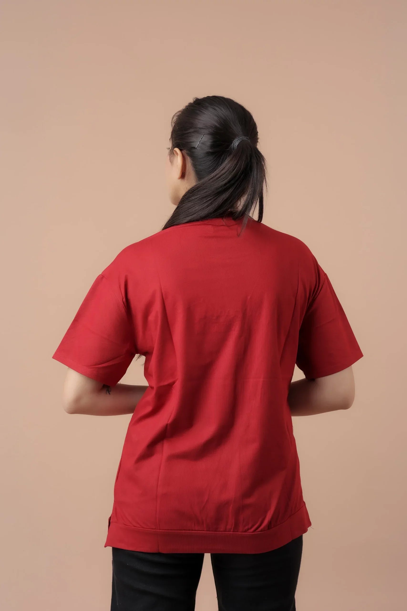 Chocolate Embroided Loose fit Tshirt (Cherry Shade)  Fusion of Elegance and Comfort!
