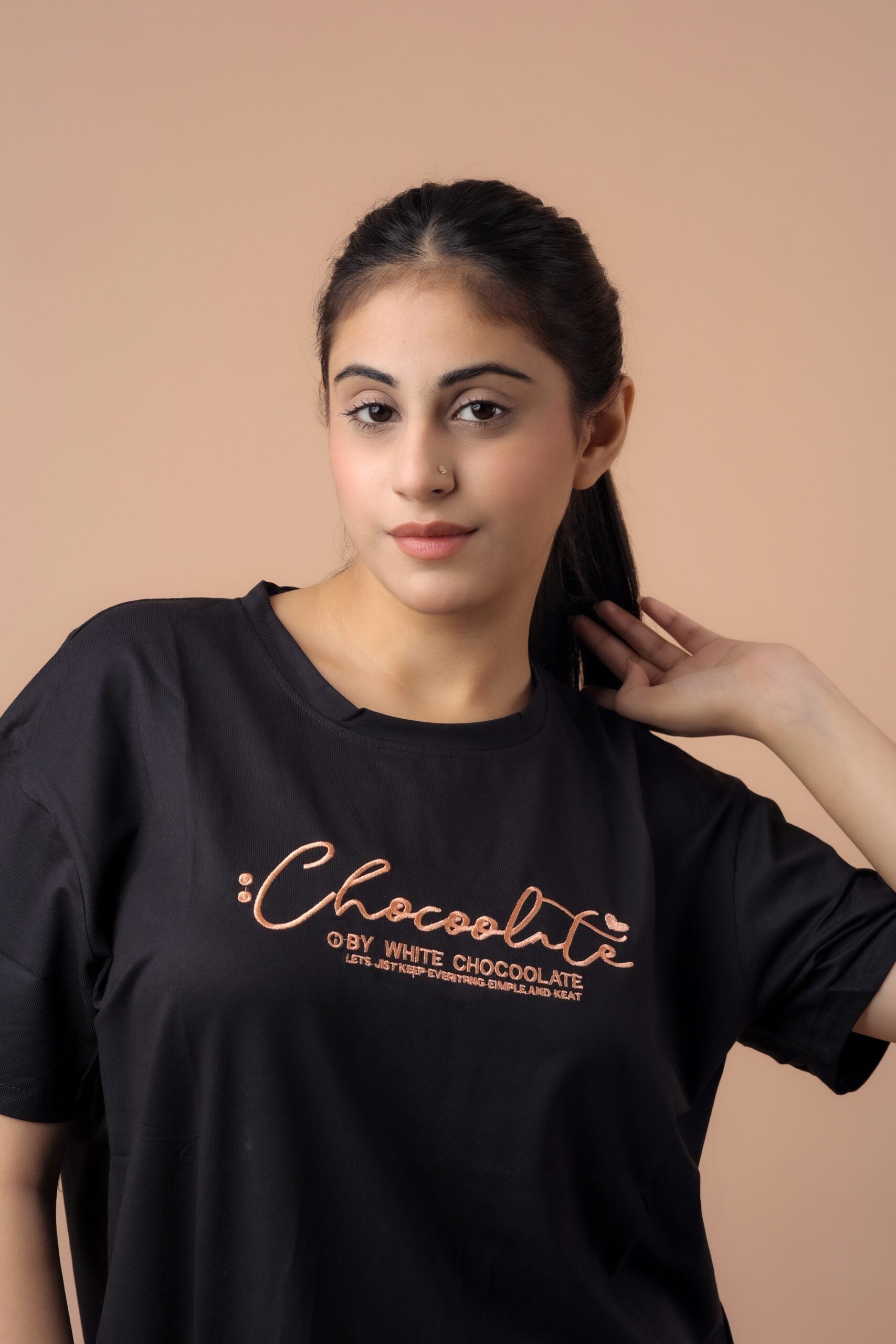 Chocolate Embroided Loose fit Tshirt (Black) Indulge in Style and Comfort!