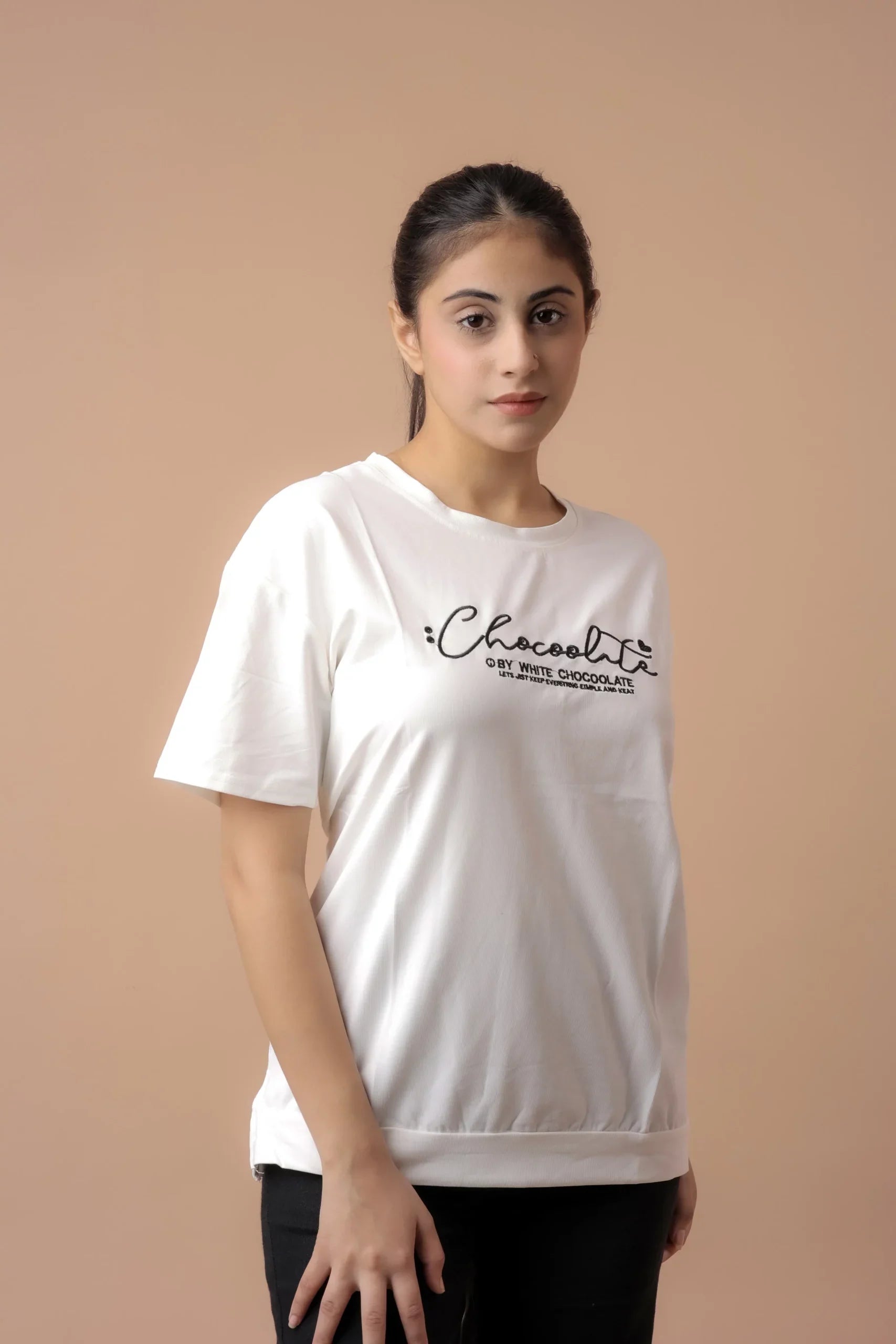 Chocolate Embroided Loose fit Tshirt (White) A Delightful Blend of Elegance and Comfort!